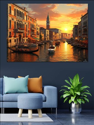 Tablomega Gün Batımında Venedik Şehri Dekoratif Kanvas - Mdf Ahşap Tablo