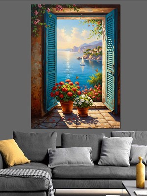 Tablomega Deniz Manzaralı Mavi Pencere Evi Dekoratif Kanvas - Mdf Ahşap Tablo