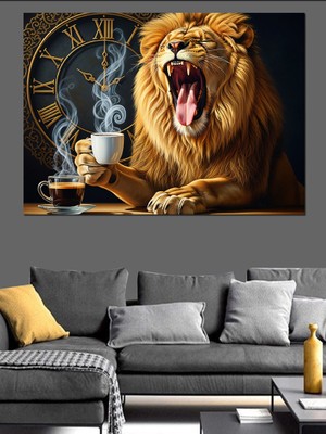 Tablomega Kahve Içen Karizmatik Aslan Kral Dekoratif Kanvas - Mdf Ahşap Tablo