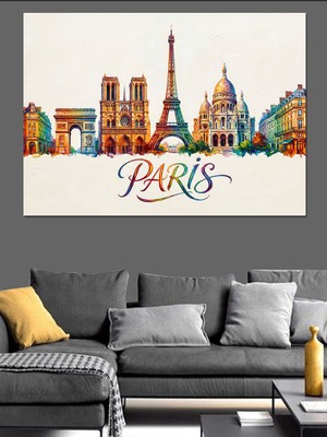 Tablomega Paris Yazılı Modern Şehir Kolajı Dekoratif Kanvas - Mdf Ahşap Tablo