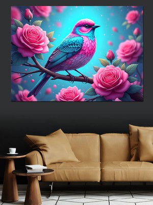 Tablomega Pembe Çiçekli Bahar Dalı Kuşu Dekoratif Kanvas - Mdf Ahşap Tablo