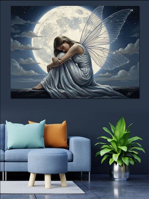 Tablomega Ay Işığında Oturan Kanatlı Peri Dekoratif Kanvas - Mdf Ahşap Tablo