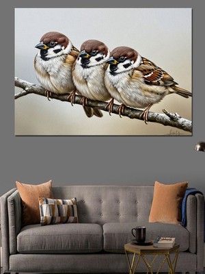 Tablomega Dalda Yan Yana Duran Serçeler Dekoratif Kanvas - Mdf Ahşap Tablo