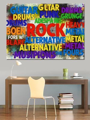 Tablomega Rock Music  Türleri Yazısı Dekoratif Kanvas - Mdf Ahşap Tablo