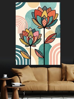 Tablomega Modern Geometrik Renkli Çiçek Deseni Dekoratif Kanvas - Mdf Ahşap Tablo
