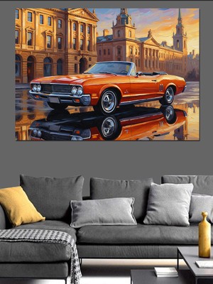 Tablomega Yağmurlu Yolda Klasik Turuncu Araba Dekoratif Kanvas - Mdf Ahşap Tablo