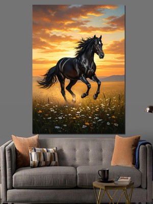 Tablomega Gün Batımında Koşan Siyah At Dekoratif Kanvas - Mdf Ahşap Tablo