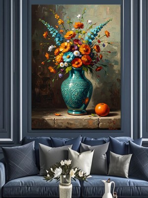 Tablomega Vazoda Turuncu ve Mavi Çiçekler Dekoratif Kanvas - Mdf Ahşap Tablo