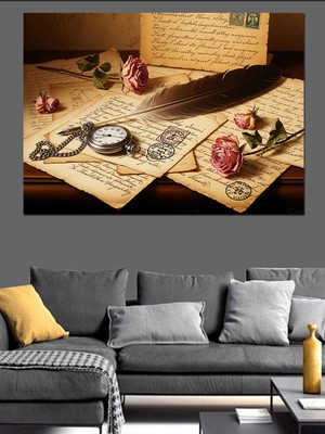 Tablomega Antika Mektup ve Tüy Kalem Dekoratif Kanvas - Mdf Ahşap Tablo