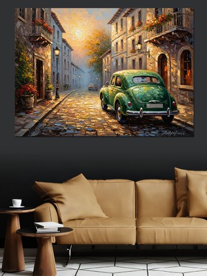 Tablomega Eski Şehirde Yeşil Klasik Araba Dekoratif Kanvas - Mdf Ahşap Tablo