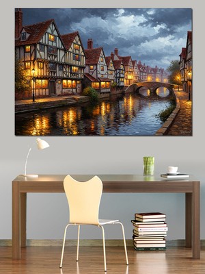 Tablomega Gece Vakti Işıklı Nehir Kasabası Dekoratif Kanvas - Mdf Ahşap Tablo