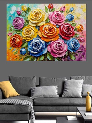 Tablomega Vazoda Rengarenk Gül Buketi Sanatı Dekoratif Kanvas - Mdf Ahşap Tablo