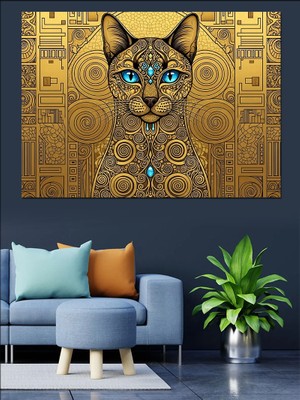 Tablomega Altın Desenli Mistik Kedi Portresi Dekoratif Kanvas - Mdf Ahşap Tablo