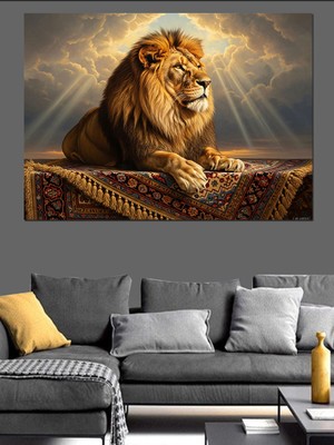 Tablomega Bulutlar Üzerinde Dinlenen Altın Aslan Dekoratif Kanvas - Mdf Ahşap Tablo