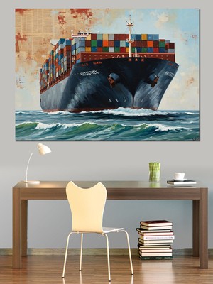 Tablomega Okyanusta Ilerleyen Dev Konteyner Gemisi Dekoratif Kanvas - Mdf Ahşap Tablo