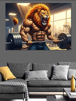 Tablomega Halter Kaldıran Kaslı Aslan Kral Dekoratif Kanvas - Mdf Ahşap Tablo