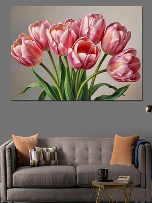 Tablomega Vazoda Taze Pembe Laleler Tablosu Dekoratif Kanvas - Mdf Ahşap Tablo