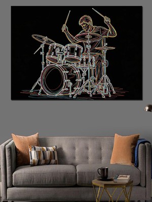 Tablomega Neon Çizgili Bateri Çalan Iskelet Dekoratif Kanvas - Mdf Ahşap Tablo