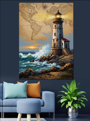 Tablomega Deniz Feneri ve Kayalıklar Dekoratif Kanvas - Mdf Ahşap Tablo
