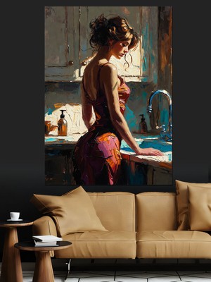 Tablomega Mutfakta Yemek Hazırlayan Genç Kadın Dekoratif Kanvas - Mdf Ahşap Tablo