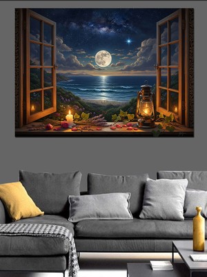 Tablomega Pencereden Açılan Deniz ve Ay Manzarası Dekoratif Kanvas - Mdf Ahşap Tablo
