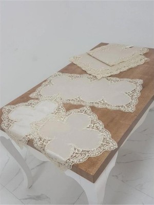 Finezza Violetta Lüx Güpürlü Osmanlı Ipeği Kumaş Bej Salon Takımı 5 Parça 1038