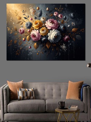Tablomega Vazoda Karışık Renkli Gül Buketi Dekoratif Kanvas - Mdf Ahşap Tablo