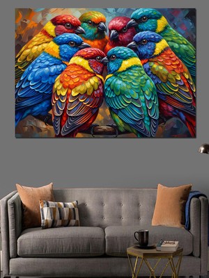 Tablomega Dört Renkli Papağan Kuş Portresi Dekoratif Kanvas - Mdf Ahşap Tablo