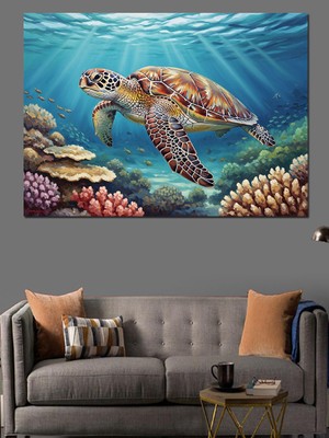 Tablomega Mercan Resifinde Yüzen Deniz Kaplumbağası Dekoratif Kanvas - Mdf Ahşap Tablo