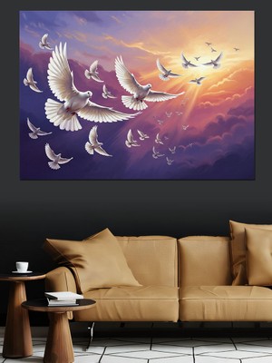 Tablomega Gökyüzünde Uçan Beyaz Barış Güvercinleri Dekoratif Kanvas - Mdf Ahşap Tablo