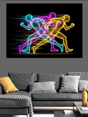 Tablomega Renkli Neon Işıklı Koşan Sporcular Dekoratif Kanvas - Mdf Ahşap Tablo