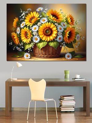 Tablomega Sepet Içinde Canlı Sarı Ayçiçekleri Dekoratif Kanvas - Mdf Ahşap Tablo