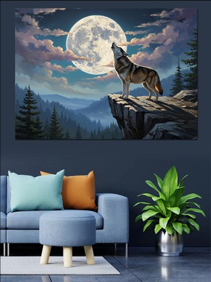 Tablomega Gece Vakti Kayalıkta Uluyan Kurt Dekoratif Kanvas - Mdf Ahşap Tablo