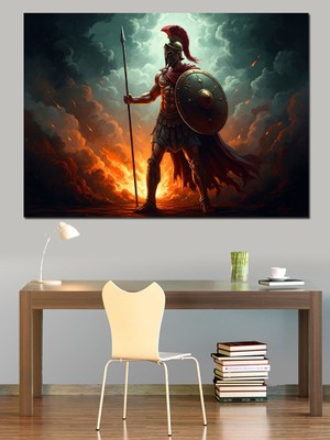 Tablomega Elinde Mızrağıyla Antik Yunan Savaşçısı Dekoratif Kanvas - Mdf Ahşap Tablo