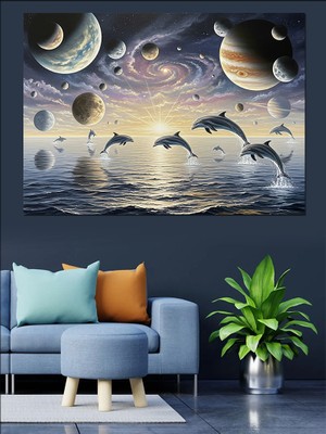 Tablomega Yıldız Yağmuru Altında Gece Manzarası ve Yunuslar Dekoratif Kanvas - Mdf Ahşap Tablo