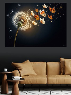 Tablomega Üflenen Karahindiba ve Uçuşan Kelebekler Dekoratif Kanvas - Mdf Ahşap Tablo