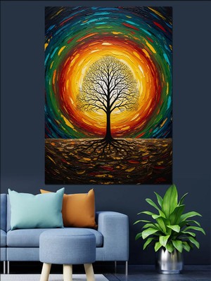 Tablomega Güneş Patlamalı Modern Hayat Ağacı Dekoratif Kanvas - Mdf Ahşap Tablo