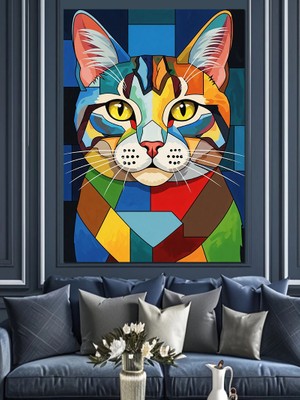 Tablomega Renkli Mozaik Kedi Yüzü Dekoratif Kanvas - Mdf Ahşap Tablo