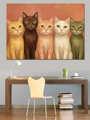 Tablomega Yan Yana Duran Beşli Kediler Dekoratif Kanvas - Mdf Ahşap Tablo