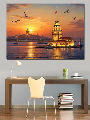 Tablomega Gün Batımında Işıklı Kız Kulesi Dekoratif Kanvas - Mdf Ahşap Tablo