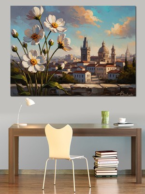 Tablomega Baharda Tarihi Şehir ve Çiçekler Dekoratif Kanvas - Mdf Ahşap Tablo