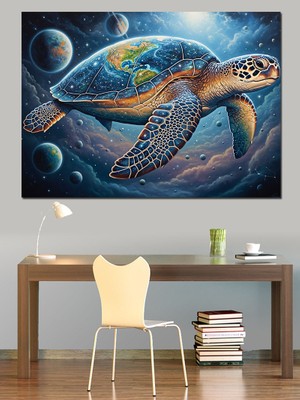 Tablomega Uzayda Yüzen Dünya Kaplumbağası Dekoratif Kanvas - Mdf Ahşap Tablo
