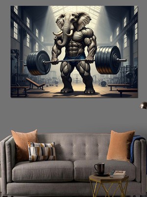 Tablomega Gym Salonunda Ağırlık Çalışan Fil Dekoratif Kanvas - Mdf Ahşap Tablo
