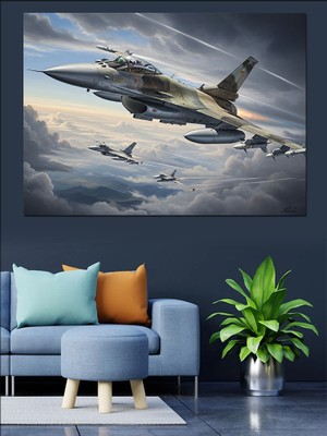 Tablomega Gökyüzünde Süzülen Modern Savaş Jeti Dekoratif Kanvas - Mdf Ahşap Tablo
