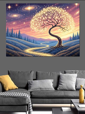 Tablomega Işık Saçan Altın Renkli Ağaç Dekoratif Kanvas - Mdf Ahşap Tablo