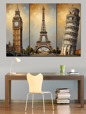 Tablomega Ünlü Şehirler Big Ben Eyfel Dekoratif Kanvas - Mdf Ahşap Tablo