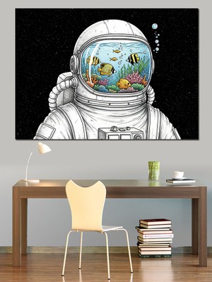 Tablomega Akvaryum Kafalı Uzaylı Astronot Figürü Dekoratif Kanvas - Mdf Ahşap Tablo