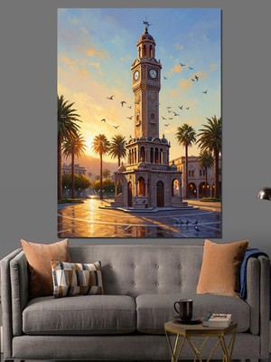 Tablomega Izmir Saat Kulesi Gün Batımı Dekoratif Kanvas - Mdf Ahşap Tablo