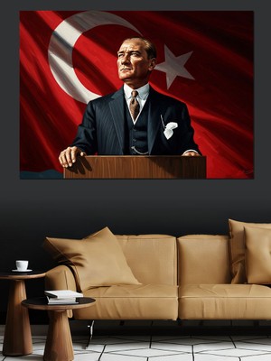 Tablomega Kürsüde Konuşan Atatürk Portresi Dekoratif Kanvas - Mdf Ahşap Tablo