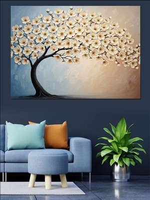 Tablomega Işıklı ve Çiçekli Altın Ağaç Dekoratif Kanvas - Mdf Ahşap Tablo